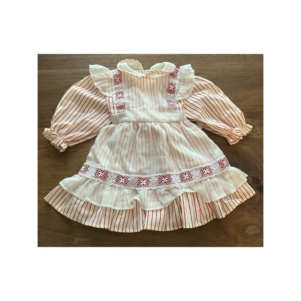 VTG Girls Dress, 3T, Red White‎ Stripes, Ruffles, Long Sleeve 80s Made in USA